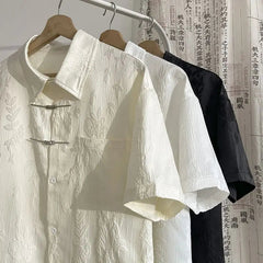 Summer Short-sleeved Shirt Men's New Chinese Men's National Trend Shirt Loose Large Size Metal Button Couple's Top Aesthetic voguable