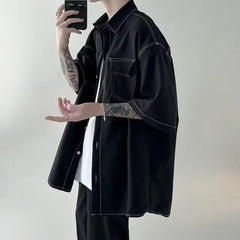 Voguable Summer Short Sleeved Shirt Men Fashion Retro Black White Shirt Men Streetwear Korean Loose Casual Shirt Men Vintage Shirts voguable