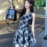 Voguable Women Plaid Mini Dress Fashion Summer Casual Temperament Lady Chic Dress Halter Lace Up Slim A Line Sleeveless Female New Dress voguable