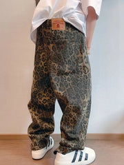 Autumn Tan Leopard Jeans Men Denim Pants Male Oversize Wide Leg Trousers Streetwear Hip Hop Vintage Loose Casual Animal Print voguable