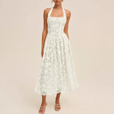 Voguable Elegant Solid Color Hollow Out Pleat Dress Summer New Lace Halter Big Hem Maxi Dress Sexy Backless Sleeveless Slim Banquet Dress voguable