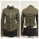Voguable Retro Y2K Tight Fitting Women's Back Strap Slim Fit Khaki Stand Up Collar Workwear Dark Washed Jacket voguable