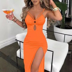 Voguable European and American suspenders hollowed out tight split sexy dress hip skirt voguable