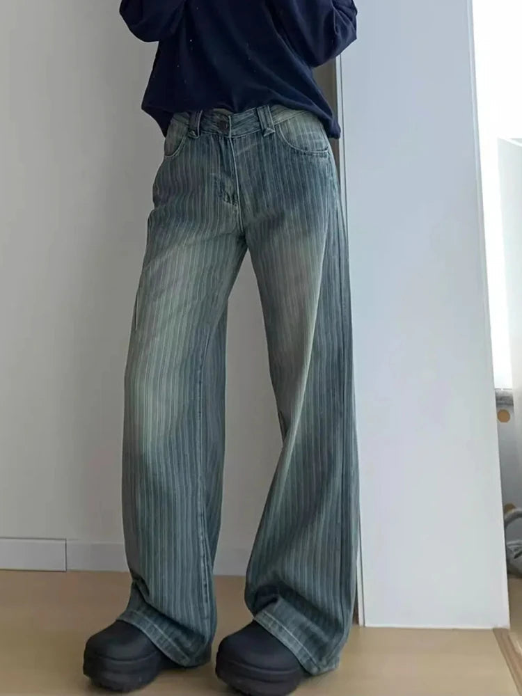 Women Streetwear Striped Jeans Vintage High Waist Design Y2K Denim Pant Casual American Hip Hop Harajuku Wide Leg Trousers Fall voguable