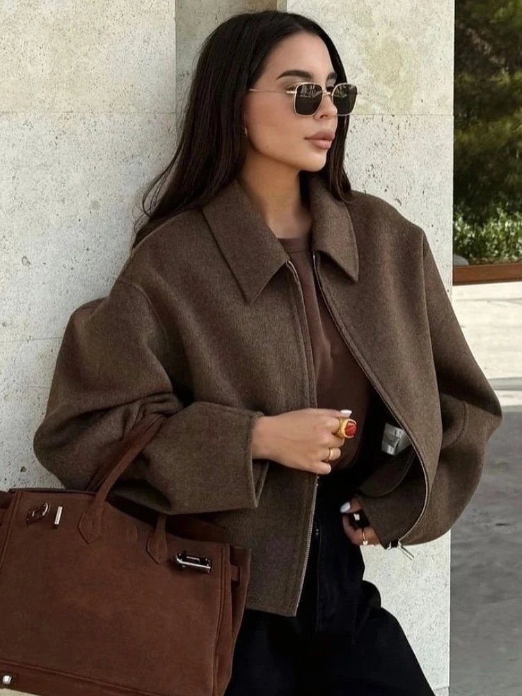 Fashion Brown Zipper Woolen Jacket For Women Elegant Lapel Long Sleeve Short Coats Female Vintage Autumn Lady Street Outerwear voguable