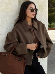 Fashion Brown Zipper Woolen Jacket For Women Elegant Lapel Long Sleeve Short Coats Female Vintage Autumn Lady Street Outerwear voguable