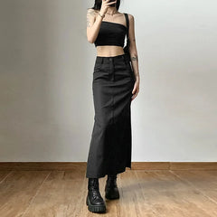 Women Midi Skirts Goth Dark Grunge Casual Tag Split Mall Gothic Punk High Raise Slim Long Skirt Y2k Sexy Fashion Streetwear voguable