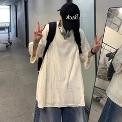 Harajuku T-Shirts Men Ripped Design Chic Korean Style High Street Half Sleeve Summer Fashion Solid Hip Hop Tees All-match Unisex voguable