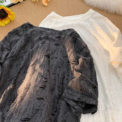 Niche Hollow Hole Short-sleeved T-shirt Men's Street Hip-hop Three-quarter Sleeve Trendy Loose American Couple Fashion Top Urban voguable