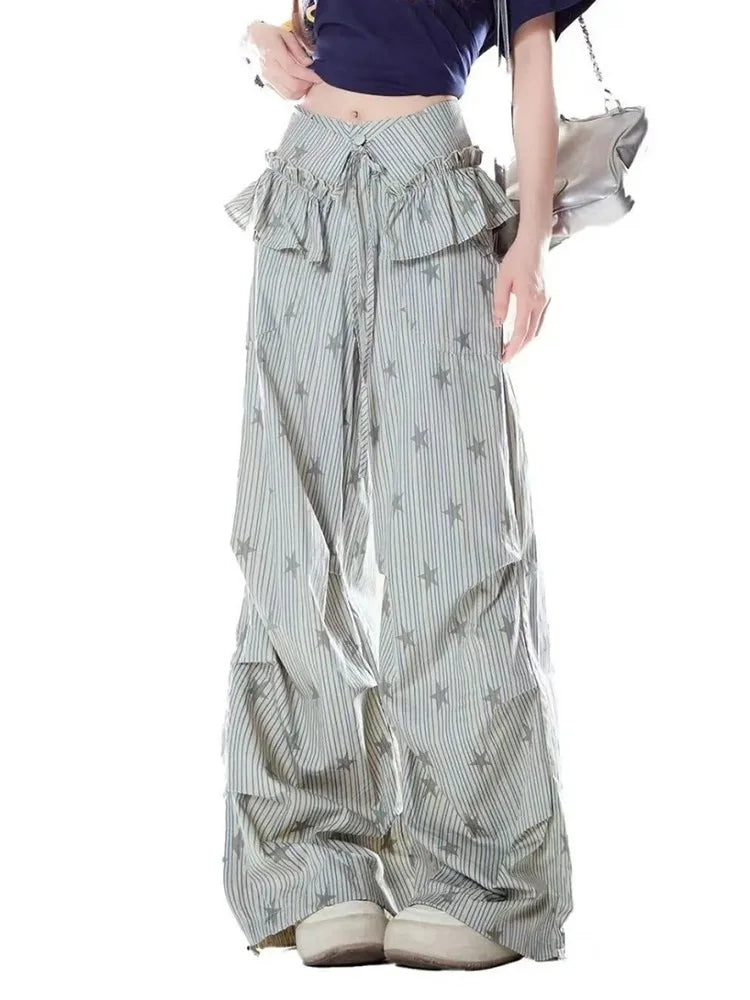 Stars Print Y2K Cargo Pant Women Vintage Streetwear Loose High Waist Design Trousers Hip Hop Retro American Casual Wide Leg Pant voguable