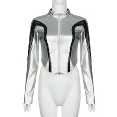 Voguable Street Style Contrast Patchwork Zip-up Pu Leather Jackets Silver Color Turtleneck Cardigan Women Chic Elegant Coat Fall voguable