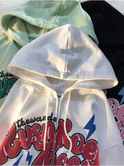 Deeptown American Retro Zip Up Graphic Hoodies Women Streetwear Loose Letter Printed Hooded Sweatshirts Hiphop Thin Top voguable