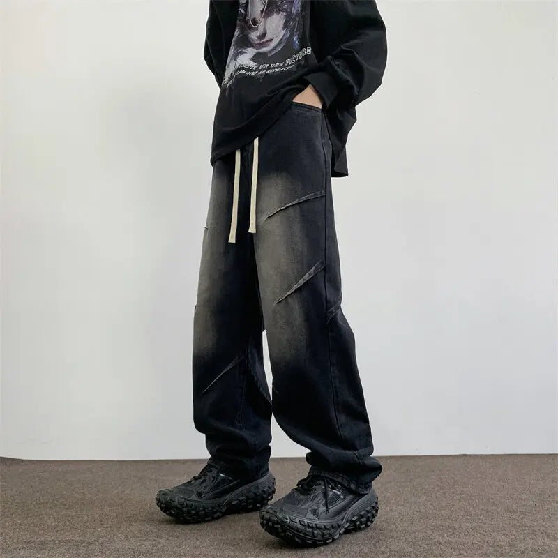 Mens Straight Leg Jeans Elastic Waistband Drawstring Comfort Fit Denim Casual Trousers Adjustable Waist Relaxed Fit voguable