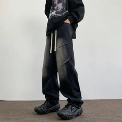 Mens Straight Leg Jeans Elastic Waistband Drawstring Comfort Fit Denim Casual Trousers Adjustable Waist Relaxed Fit voguable