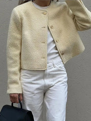 Women Elegant Solid Single Breasted Cropped Jacket Autumn Lady Long Sleeve O-neck Short Coat Fashion Female Commuting Outerwear voguable