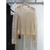 Voguable Summer New Ladies Temperament Rhinestone Round Neck Long Sleeve Bright Starlight Hollow Shiny Bottoming Shirt Women's Top Trend voguable