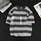 Voguable Japanese Couple Color-blocking Short-sleeved T-shirt Hong Kong Style Loose Trend Striped Heavy Round Neck Half-sleeved T-shirt voguable