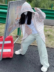 Japanese Y2k Rainbow Striped Kawaii Cardigans Women Autumn All Match Hooded Sweaters Loose Zipper Grunge Knitted Coat Pull Femme voguable