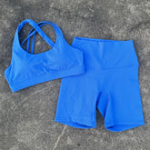 Voguable Solid Color High Waist Gym Yoga Short Legging Set Tight Women Cross Back High Impact Shoulder Strap Fitness Bra Top Sportwear voguable