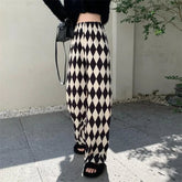 Voguable New Spring and Summer Minimalist Black and White Diamond Checkered High Waist Casual Loose Fashion Pleated Floor Mop Pants voguable