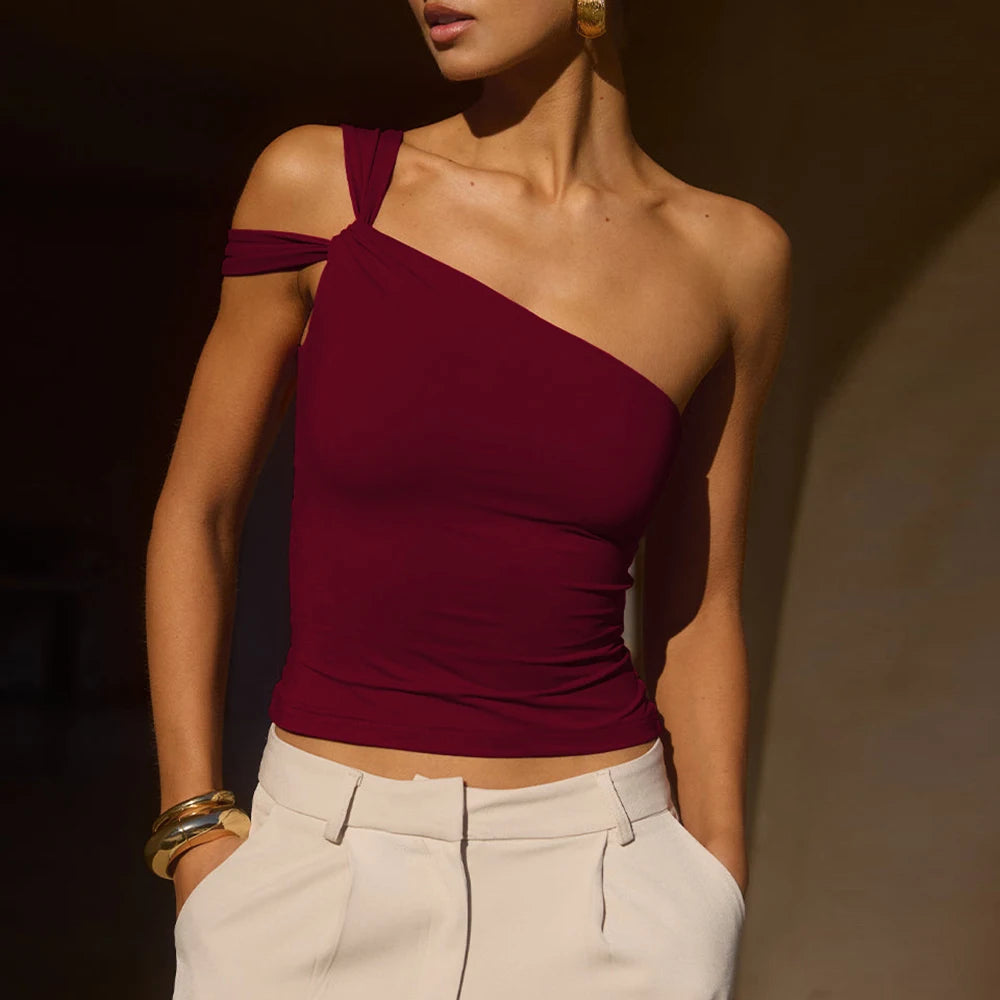Blouses Spring Summer Fashion Skinny Fit Asymmetrical Plain Sleeveless One-Shoulder Casual Blouses For Women voguable