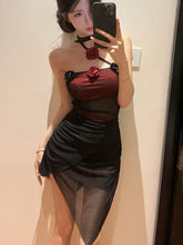 Voguable 3D Floral Women Strapless Dress Fashion Hotsweet Halter Sleeveless Sexy Mini Dress Mesh Patchwork Irregular Slim Female Dress voguable