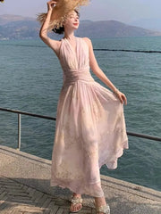 Women's French Floral Print Halther Dresses Summer Elegant V-Neck Slim Lace-up Midi Dress Sexy Beach Holiday 2025 New Fashion voguable