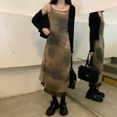 Voguable Tie-dye Gauze Suspender Dress Women 2024 Spring Korean Retro Strapless Mid-length Dress + Black Knitted Cardigan Two-piece Suit voguable