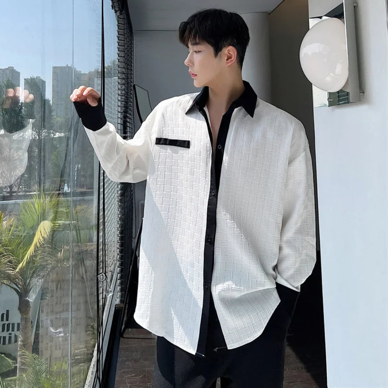 Voguable Fashion Korean Shirt Long Sleeve Color Contrast Design Edge Men's Elegant Trendy 2024 Spring Casual Loose Tops New voguable