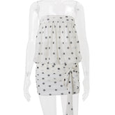 Voguable Women's Vintage Polka Dot Chiffon Mesh Mini Dress Strapless Pleated Tie Up Bowkont Sheath Cute Girl Night Club Vestidos voguable