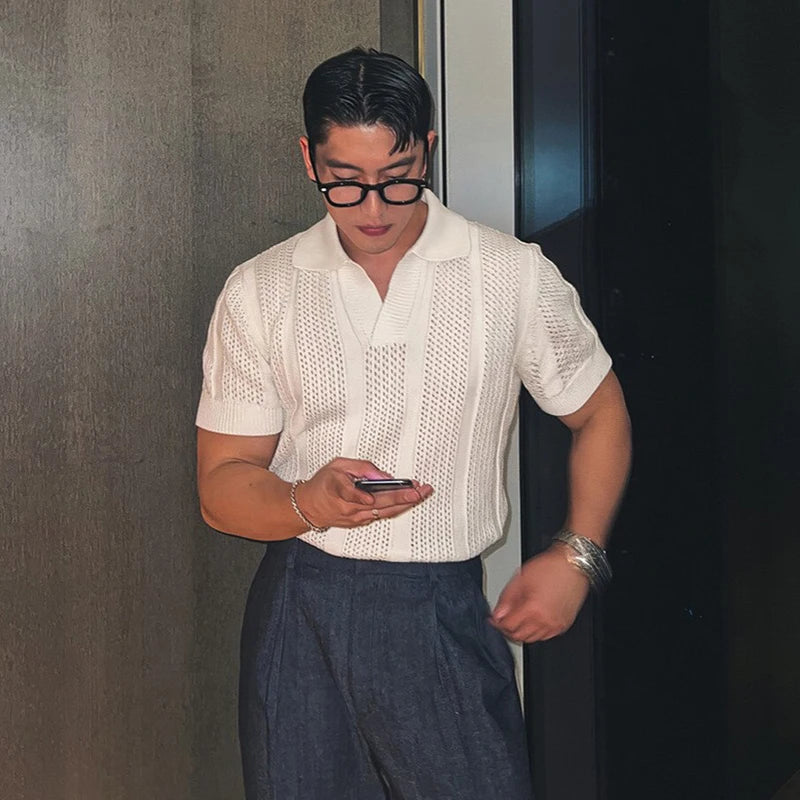 Men's Clothing Luxury Korean Popular Hollow Out Polo Shirt Leisure V Neck Short Sleeve Solid Color Retro Streetwear Knitwear voguable