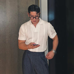 Men's Clothing Luxury Korean Popular Hollow Out Polo Shirt Leisure V Neck Short Sleeve Solid Color Retro Streetwear Knitwear voguable