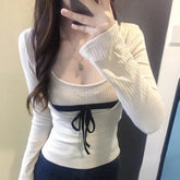 Korean Style Sexy T-Shirts Women Sweet Coquette Two Piece Sets Long Sleeve Tops Fashion Aesthetics Patchwork T-Shirts voguable