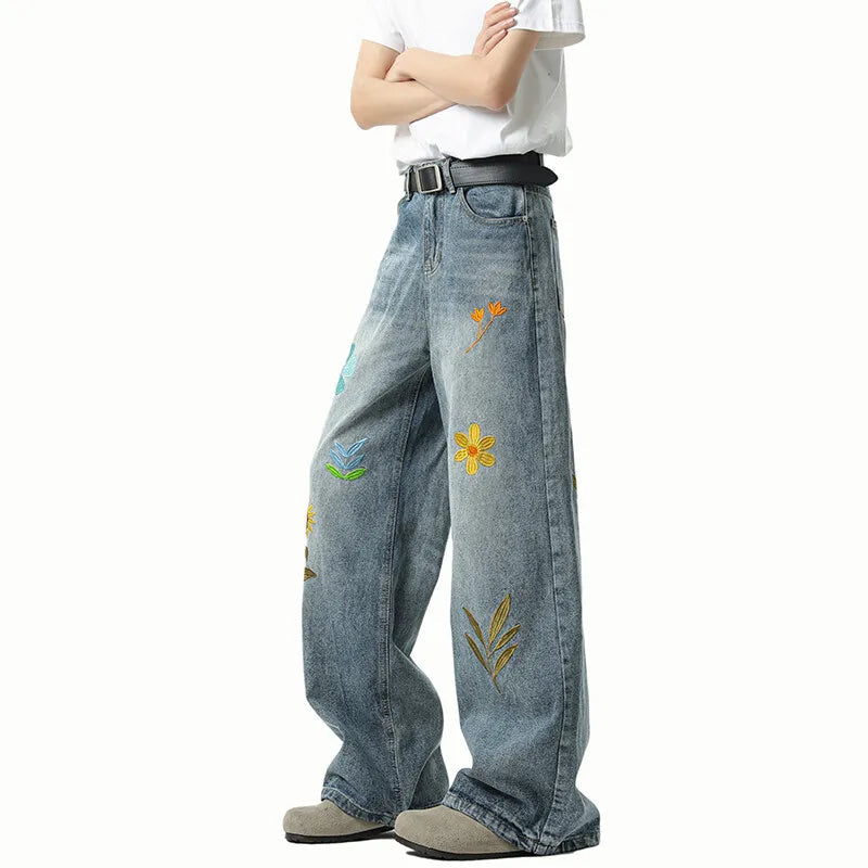 Jeans Men Washed Embroidered Jeans Loose Fit Straight Wide Leg Casual Denim Pants Fashion Trendy Streetwear Trousers Comfort voguable