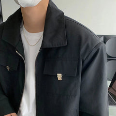 Simple Lapel Jacket Men Women High Street Short Khaki Baseball Uniform Oversize Multiple Pockets Metal Decoration Bomber Coat voguable