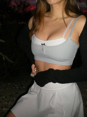 Voguable Sweet Patchwork Camis Bow Buttons Up Sleeveless Crop Tops Y2K Aesthetic Casual Basic Vest Women Fitness Sports Tanks voguable