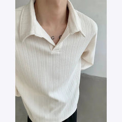 Autumn Long Sleeved T-shirt Men Fashion Beige Lapel T Shirt Men Streetwear Korean Loose Pullover Sweatshirt Mens Polo Shirt voguable