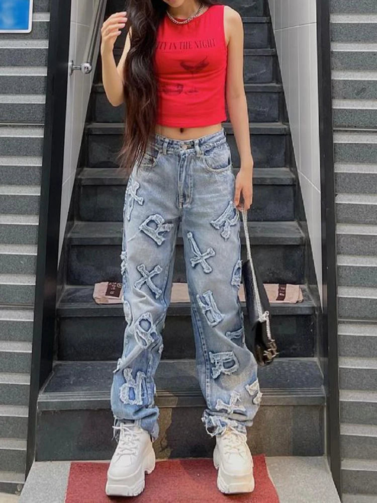 Voguable Patchwork Women's Jeans Y2K Streetwear Baggy Straight Cargo Pants Punk High Waist Wide Leg Denim Trousers 90s Vintage voguable