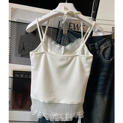 Lace Splicing Bow Ank Top Women Summer Sleeveless Crop Off Shoulder Spaghetti Strap Halter Neck Lace Up Casual Slim Fit Camis voguable
