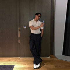 Men's Clothing Luxury Korean Popular Hollow Out Polo Shirt Leisure V Neck Short Sleeve Solid Color Retro Streetwear Knitwear voguable