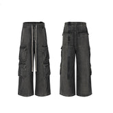 RO Style Gradient Ribbons Multi-pockets Drawstring Jeans for Men Harajuku Streetwear Baggy Y2K Denim Trousers Oversized Cargos voguable