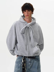 American solid strap design hooded sweatshirt cardigan men's autumn winter new coat couple tops loose versatile jacket voguable