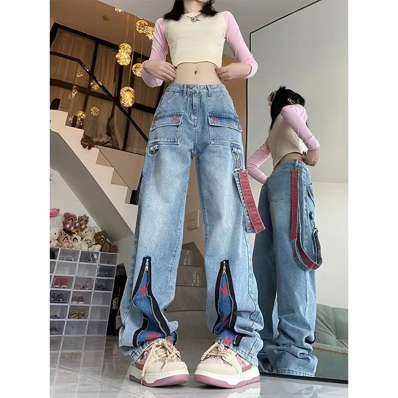 Korean fashion casual star print tooling jeans women's Baggy American stitching contrast color loose straight wide-leg pants ins voguable