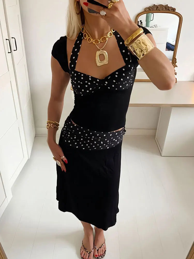 Patchwork Fashion 2 Piece-Set MIni Skirt For Women Lace-Up Contrast Backless Cropped Top And High Waist Skirt Sets Female voguable