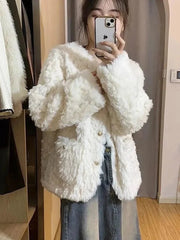 Winter Sweet Korean Faux Lamb Coat Women Vintage Warm Thick Long Sleeve Cute Jacket Casual O Neck Pockets Elegant White Tops New voguable