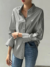 Voguable Summer Women's Casual Loose Collar Striped Shirt New Korean Office Elegant Lady Long Sleeved Fashionable Oversized Shirt Top voguable