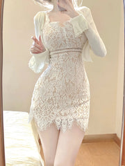 Voguable  Autumn Elegant Lace Clothing Suit Woman Korean Fashion 2 Piece Set Slim Y2k Mini Dress + Casual Short Cardigan Office Lady voguable