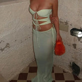 Sexy Hollow 2 Piece Set Women Chic Summer Vacation Beach Strapless Knot Tops+Mesh Long Skirts Solid Stretch Clubwear voguable