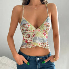 Tanks Summer Hotsweet Sexy Floral Print Sleeveless V-Neck Skinny Fit Casual Cropped Tanks For Women voguable