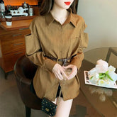 Voguable Fashionable Retro Lapel Off-shoulder Top Autumn New Design Striped Shirt Belt voguable